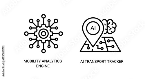 Mobility analytics engine and AI transport tracker icons for smart with mobility
