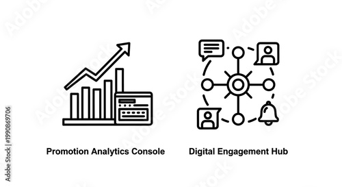 Promotion analytics console and digital engagement hub icons for marketing