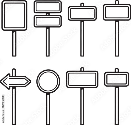 Set of various blank road signs and direction pointers