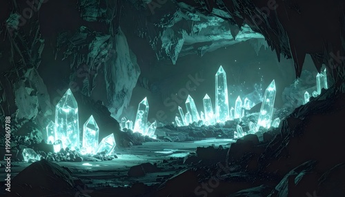 Glowing Crystals in Dark Cave Environment.