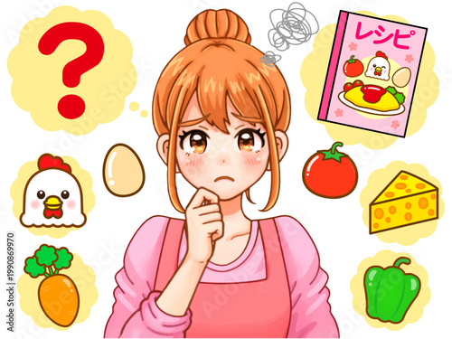 夕飯の献立に悩む主婦のアニメ系イラスト素材