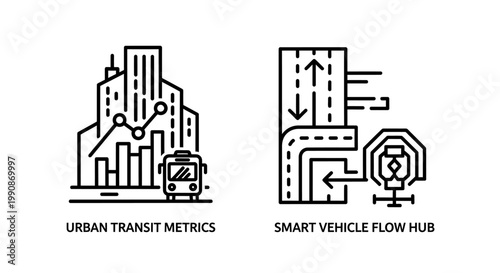 Urban transit metrics and smart vehicle flow hub icons with transport, movement