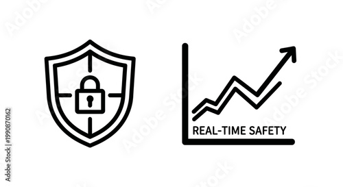 Data security shield and rising real time safety graph with security, protection