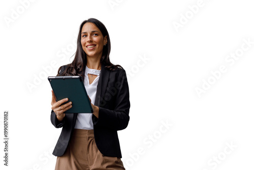 Quadro su tela Professional business woman smiling, holding digital tablet, looking away with t