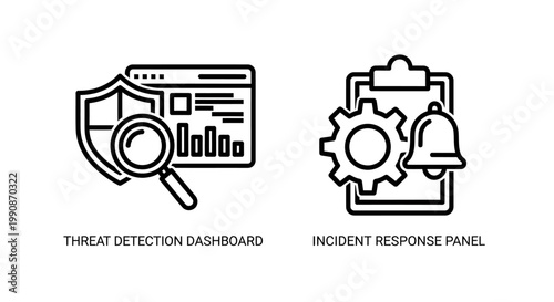 Threat detection dashboard and incident response panel icons with security
