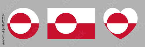 Flag of Greenland heart, circle, rectangle icon, sticker. Rectangular, round, heart shaped Greenland flag badge, button set. Flag of Greenlander country flag sign, symbol, banner, background.