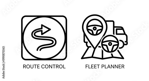 Route control and fleet planner logistics icons with logistics, navigation