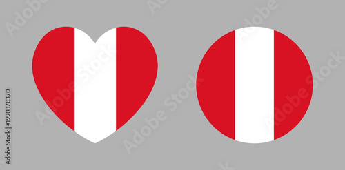 Civil round, heart icon, sticker flag of Peru. Peru flag heart shaped, circle ensign, button, badge. Flag of Peru background, banner set.