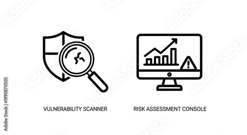 Cybersecurity vulnerability scanner and risk assessment console icons