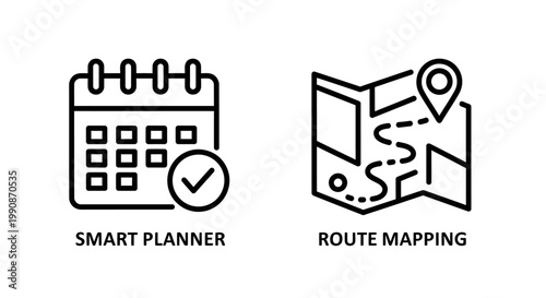 Smart planner and route mapping vector line icons with calendar, navigation