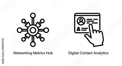 Networking metrics hub and digital contact analytics icons with networking