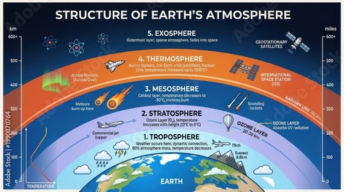 A detailed diagram illustrating the structure of Earth's atmosphere, including the troposphere, stratosphere, mesosphere, thermosphere, exosphere, and outer space.
