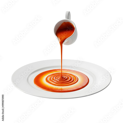 Red sauce being poured on plate.