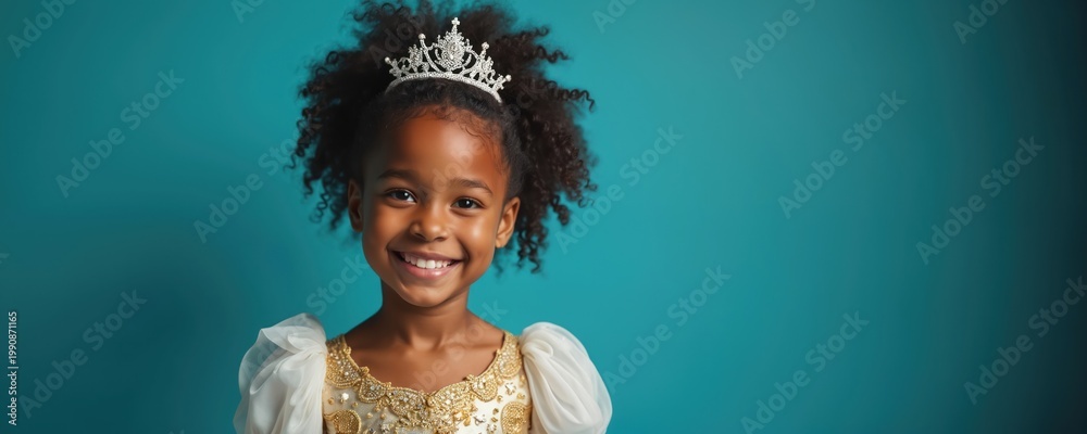 Fototapeta premium Black child princess smiles wearing sparkly tiara and ornate gown. Young girl with curly hair poses against blue backdrop, dreaming of fairy tales and royal adventures.