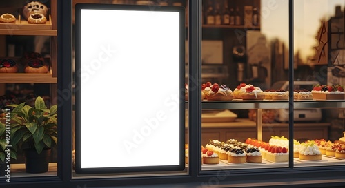 Bright Blank Menu Board in Modern Pastry Shop Window