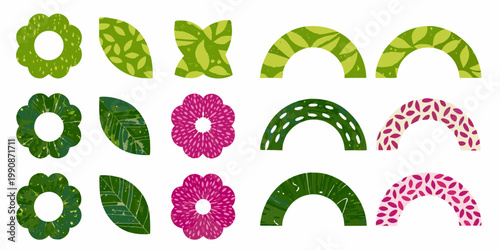 Assorted botanical shapes and patterns in green and pink hues