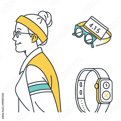 A vector graphic illustration of a woman wearing fitness accessories including a smartwatch and arm band