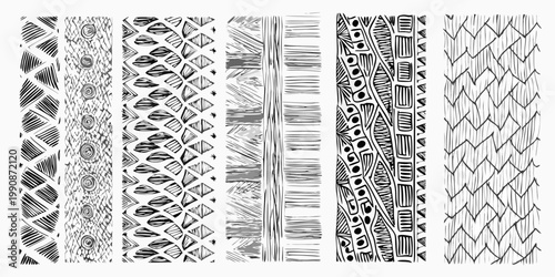 Collection of six vertically oriented hand drawn textured stripe patterns