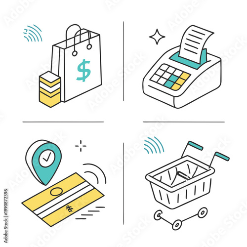 A vector graphic illustration of e-commerce icons including a shopping bag, cash register, credit card, and shopping cart.