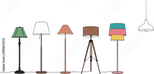 Lamp Vector Illustration Collection Featuring Table, Floor, Pendant, and Tripod Lighting Designs in Modern and Vintage Styles for Interior Decor Artwork