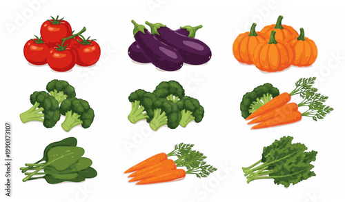 Assorted vegetables vector illustration tomato eggplant pumpkin broccoli healthy food isolated