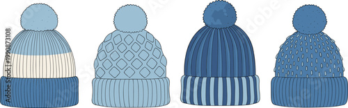 Winter Knit Beanie Hat Collection with Pom Pom Caps, Cozy Warm Headwear Set, Stylish Cold Weather Accessories Flat Vector Illustration