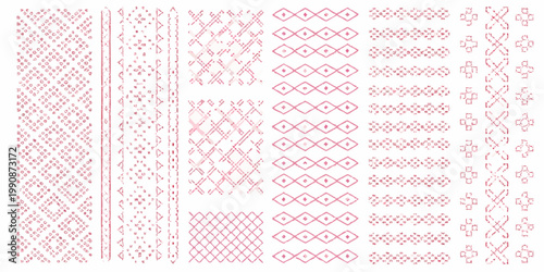 Collection of pink embroidery stitch patterns on a white background