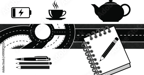 Conceptual Black and White Vector Illustration Featuring Stationery Notebook Road Map Battery Icon Coffee Cup and Tea Pot for Creative Planning