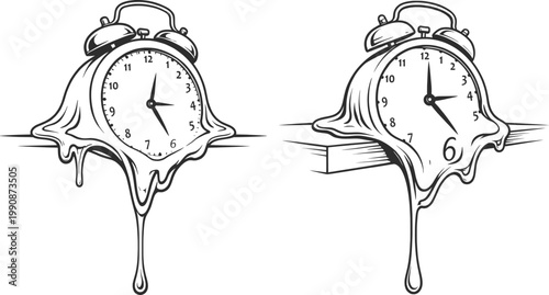 Melting Alarm Clock Line Art Surreal Time Concept Minimal Illustration.