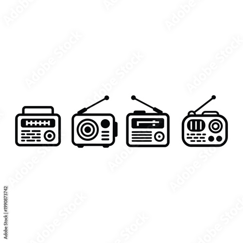 Set of four retro radio receiver icon vector illustrations in black line style for vintage music and media communication designs.