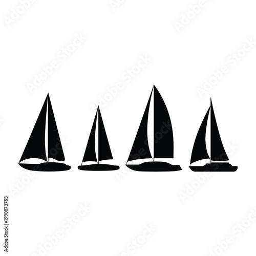 Black sailboat silhouette collection featuring various vessel shapes for maritime travel and nautical sports vector illustration.