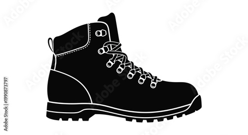 Black and white silhouette of a single hiking boot on a white background