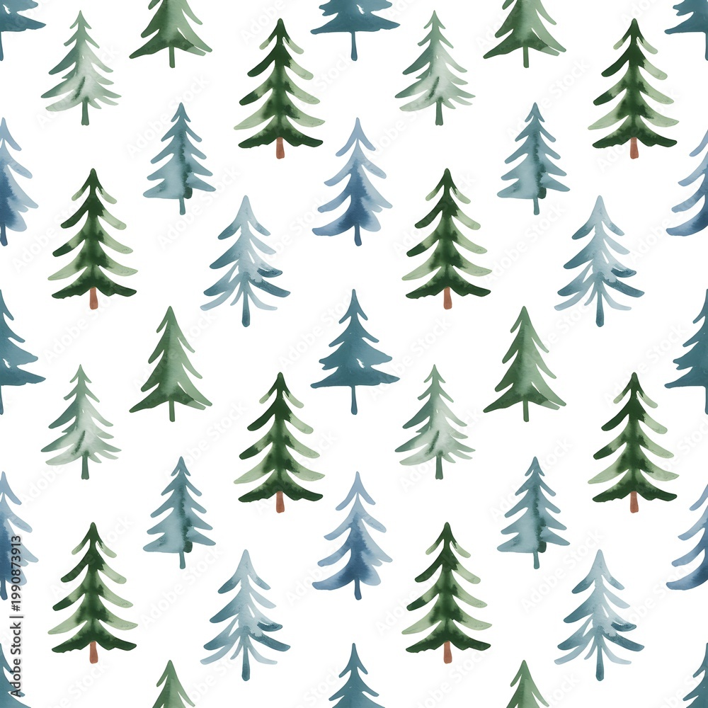 Obraz premium Watercolor seamless pattern of evergreen pine trees in shades of green and blue on a white background