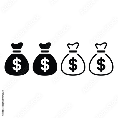 Row of four money bags with dollar signs, vector illustration, finance and economy concept, wealth and savings icon, black graphic element.