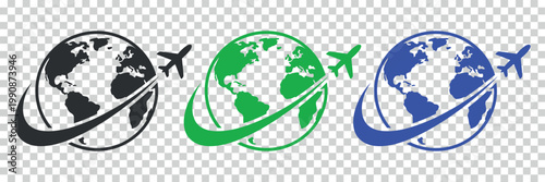 Airplane circling globe with three color options on transparent background for global travel concepts