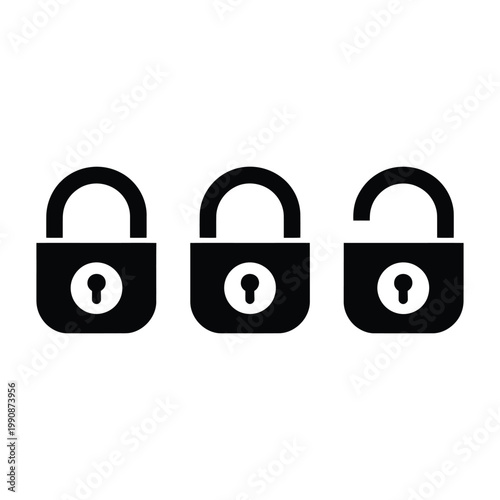 Set of lock icons showing security status sequence from closed to open position isolated on transparent background for web design.