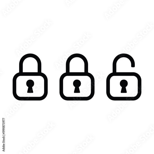 Simple outline lock icons showing locked and unlocked status vector illustration collection on transparent background for interface.