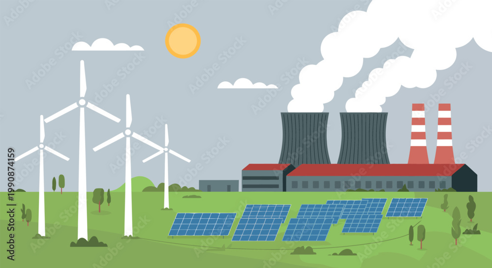 Naklejka premium Renewable energy sources and industrial power plant in a landscape with wind turbines and solar panels