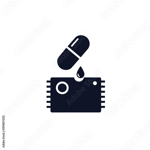 A dark blue graphic illustration of a capsule with a droplet falling onto a microchip on a white background.