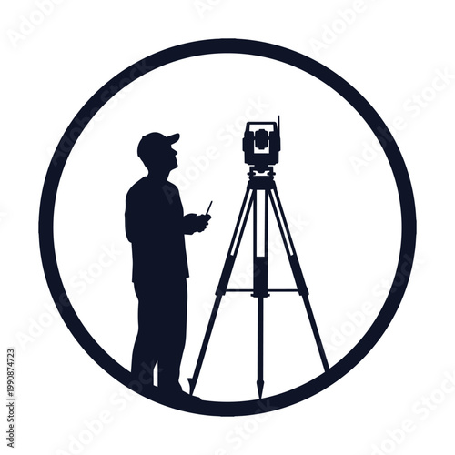 A silhouette of a man in a cap standing next to a tripod with a surveying instrument and remote control in hand within a circle.