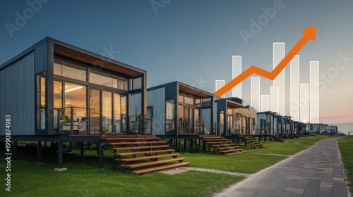Modern Elevated Homes Row with Glass Facades and Growth Graph Overlay