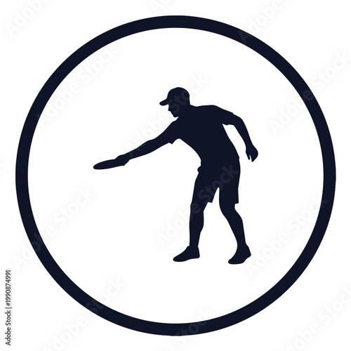 A dark blue silhouette of a man wearing a cap and throwing a frisbee within a circle on a white background.