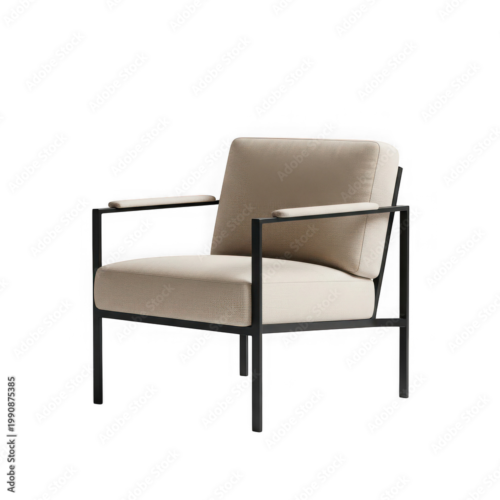 Fototapeta premium A beige upholstered chair with a black metal frame