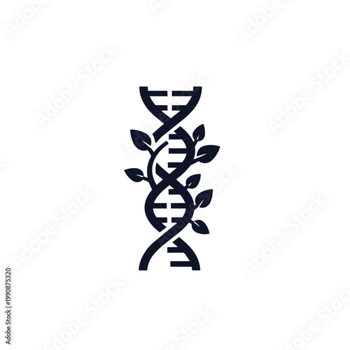 A black DNA double helix with leaves growing around it on a white background symbolizing genetic engineering and biotechnology.