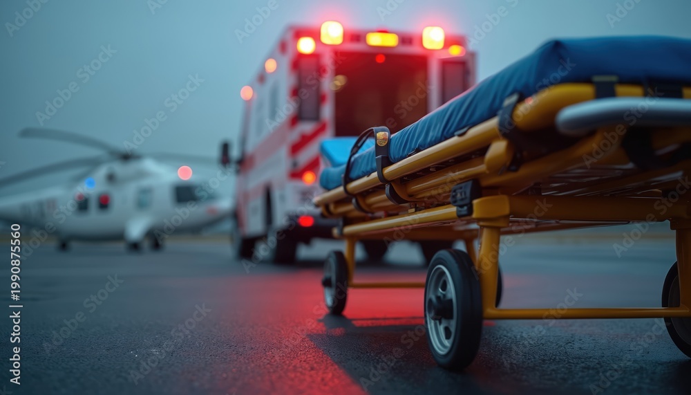 Obraz premium Ambulance and helicopter await patient on tarmac at night. Stretcher ready for transport. Emergency medical services scene with urgent care and rescue operation. Critical condition transport at dusk.