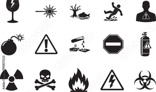 Hazard danger line icon set with risk, toxic, flammable, explosive warning symbols vector.