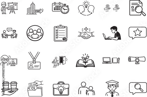 Internship line icon set with editable stroke width for career, training, job, and education use.
