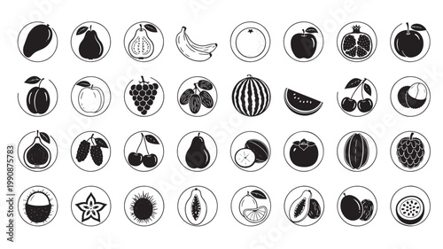Fruits assortment presents an extensive library of circular icon designs depicting various edible plants and orchard harvest items for commercial food layouts.