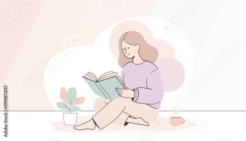 A woman sits cross-legged reading a book beside a plant and cup.
