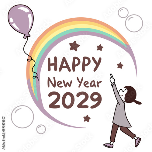 A colorful illustration of a girl celebrating the Happy New Year 2029 with a rainbow and balloons